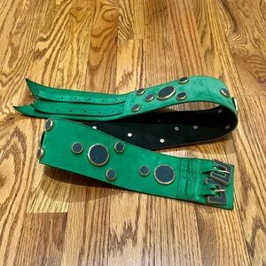 Meredith Wendell Abstract Green Grey Blue Gold Acrylic Embellished Leather Belt